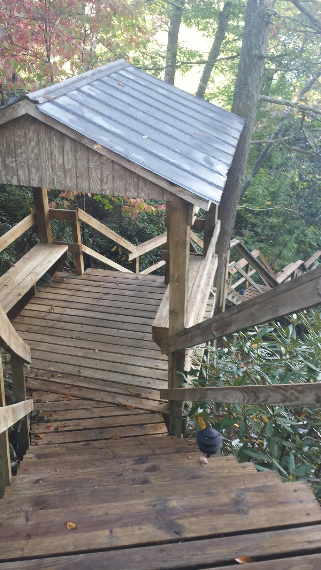 Metal roofed shelter over wooden steps on a wooded walkway — Skylight Repair & Installation work by our crew in Holmesville